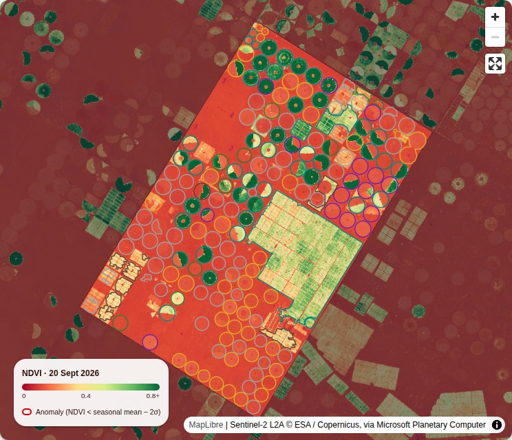 Map of centre-pivot and block fields in Al Jouf over live Sentinel-2 NDVI; each field is outlined in its crop-type colour.
