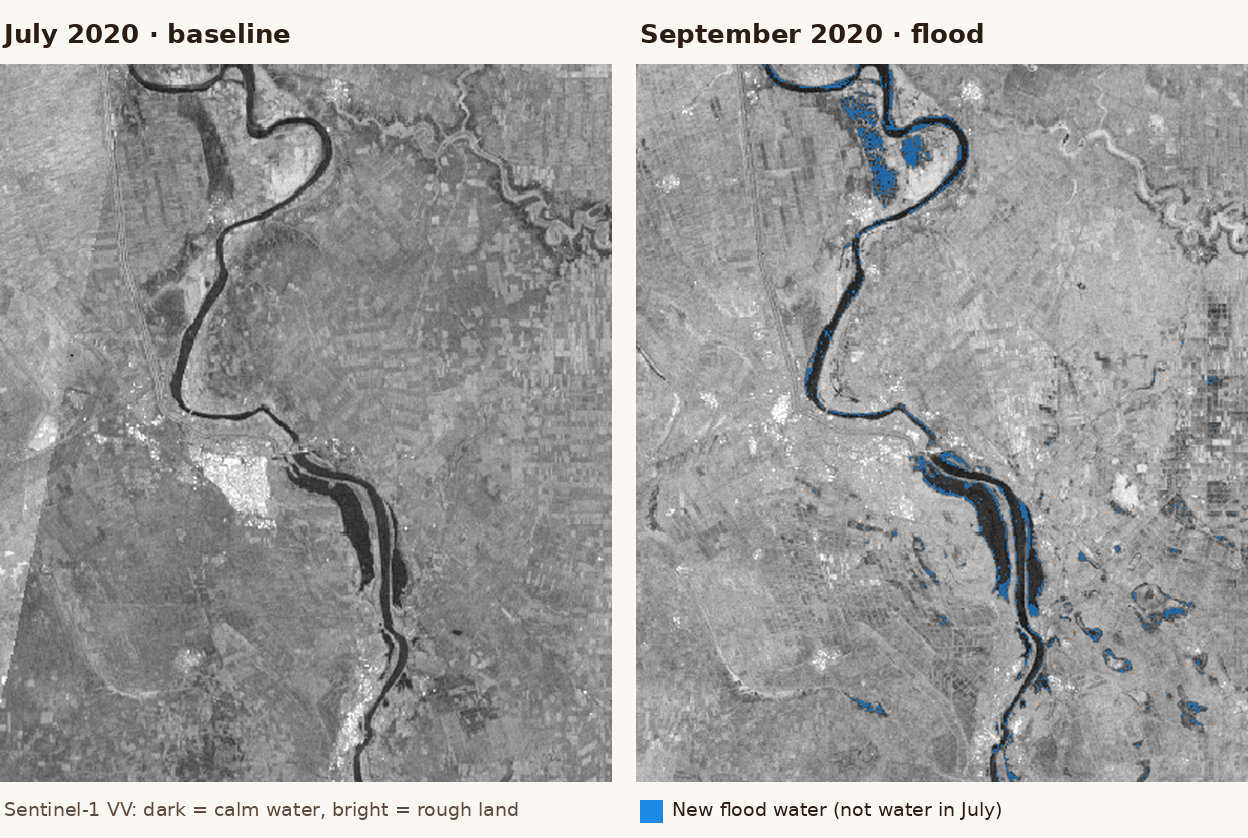 Two Sentinel-1 radar images of the Blue Nile near Sennar. In September 2020, new flood water (blue) spreads along both banks; the permanent river channel is dark in both.