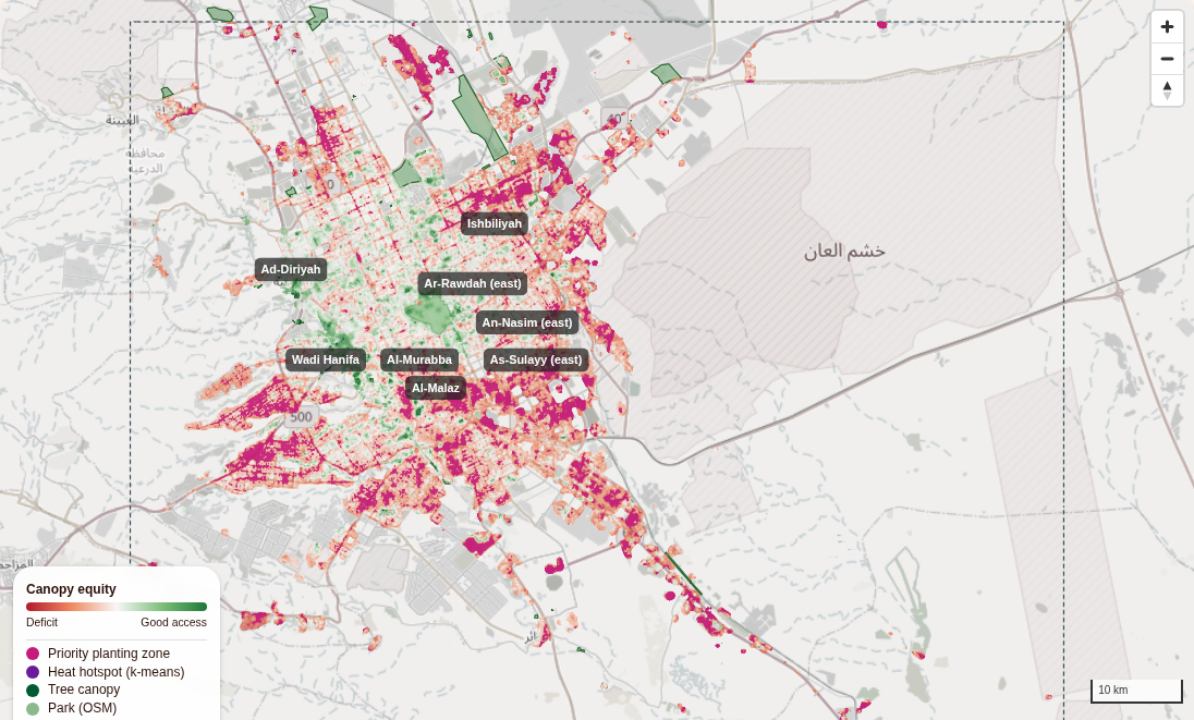 Map of Riyadh coloured from red (hot, little greenery) to green (cool, green), with priority planting zones in magenta. They cluster in the east and south; the Wadi Hanifa corridor in the west is green.